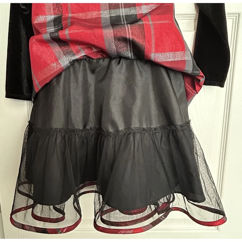 Bonnie Jean Girls Size 10 Drop Waist‎ Velvet Holiday Dress Red & Black Plaid